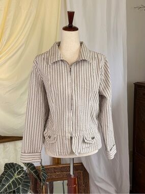 Y2K Vintage Christopher Banks Striped Zip-Front Women's Jacket in Beige & White